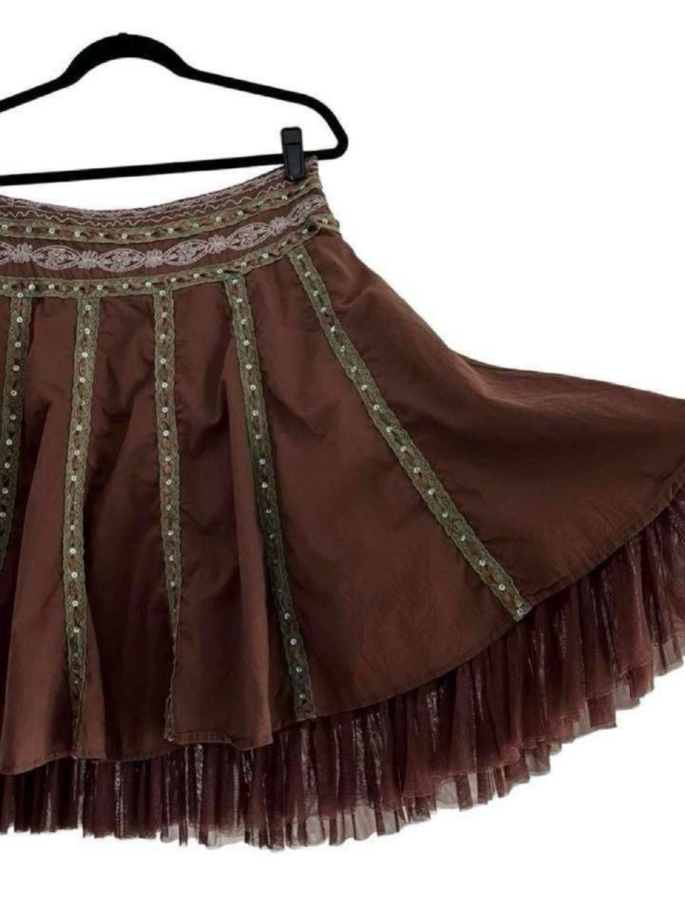 Vintage Y2K Brown Cotton Skirt with Green Embroidered Trim Fairycore Boho
